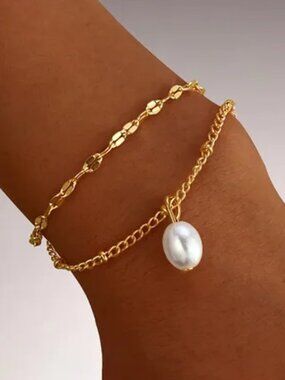 Double Layer Gold Chain Bracelet with Imitation Pearl Charm & Adjustable Fit